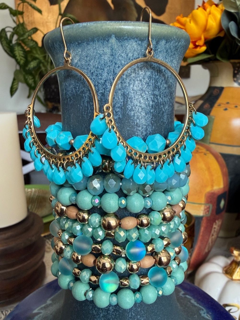 11 PC Turquise Beaded Hoop Earrings and Bracelet Stack - Women Jewelry